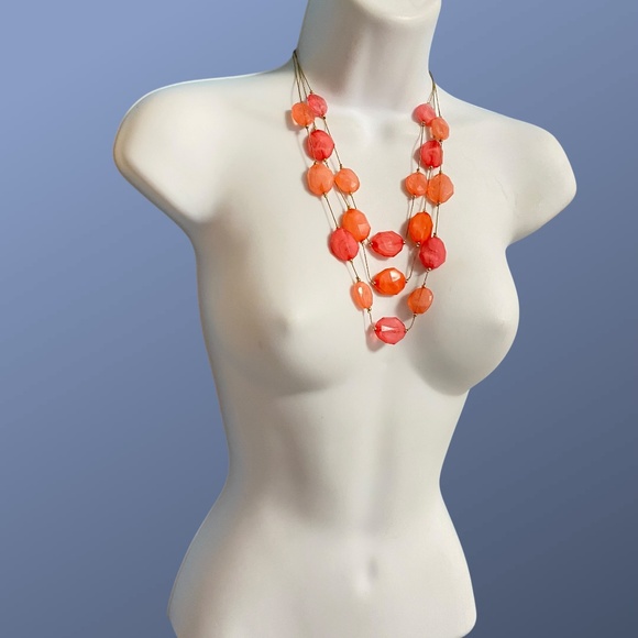 CHICO"S Triple Strand Statement Necklace Orange Arcrylic Beads Gold Tone - Picture 2 of 7